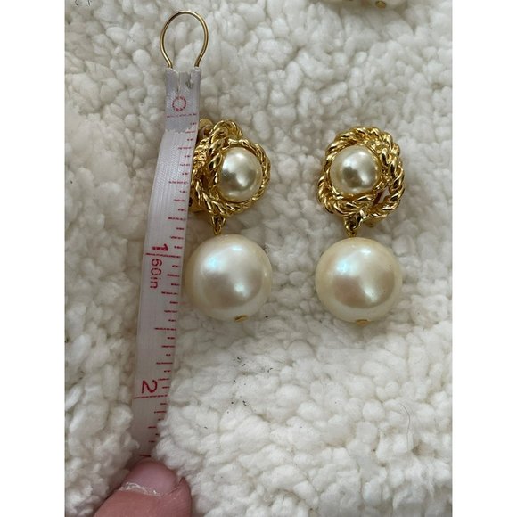 Vintage Gold Tone White Dangle Bead Clip-On Earrings - 2 Pairs - Picture 11 of 13